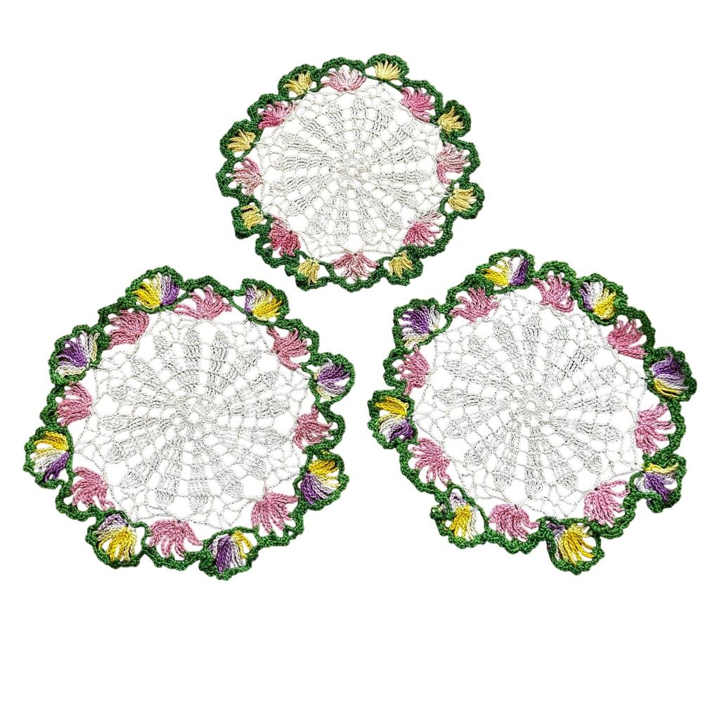 Vintage hand made crochet doilies set of 3 multicolor pink green white rounds